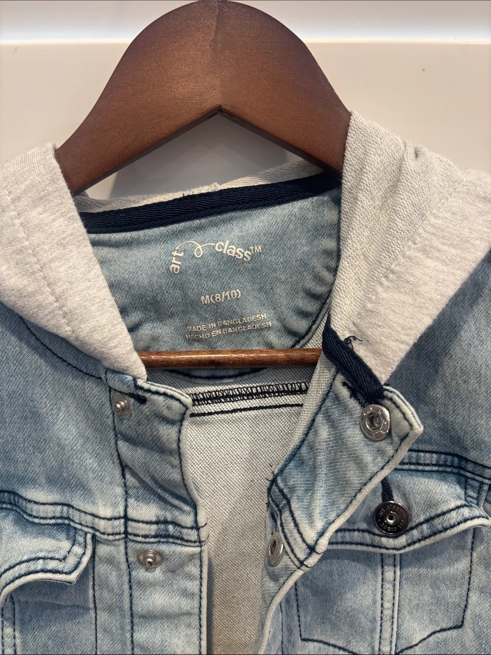 art class Boys Light Blue Denim Jacket with Gray Hood. Great condition. Size Med